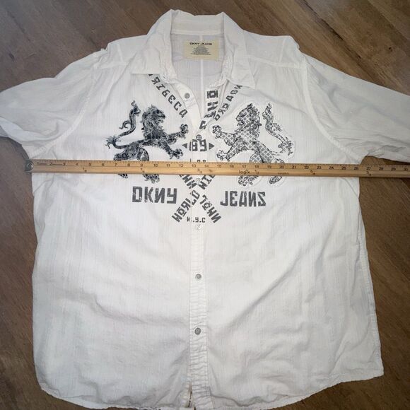 Vtg DKNY Jeans 90s Y2K Graphic Button Up Shirt XL White Lion Crest Lions Mens - Picture 5 of 11